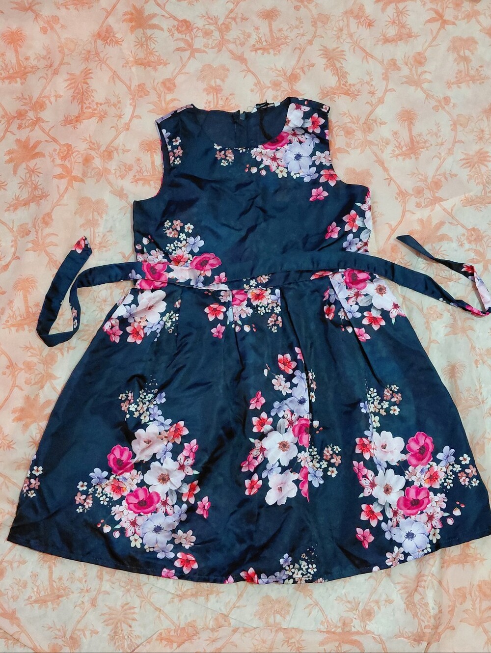 Fame Forever Sz 11/12 Girls Navy Blue Floral Dress With Tie Waist Belt Party .